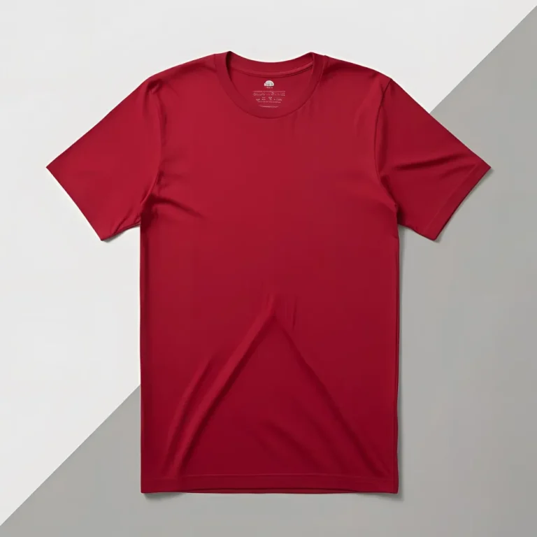 A plain crimson red cotton t-shirt displayed on a two-toned background.
