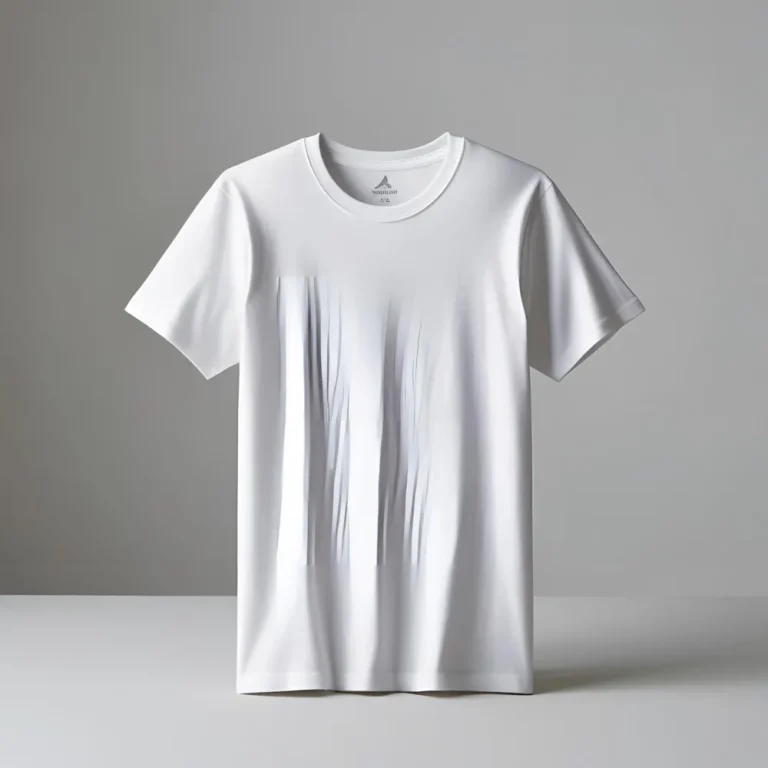 Simple white t-shirt laid flat on a light surface.
