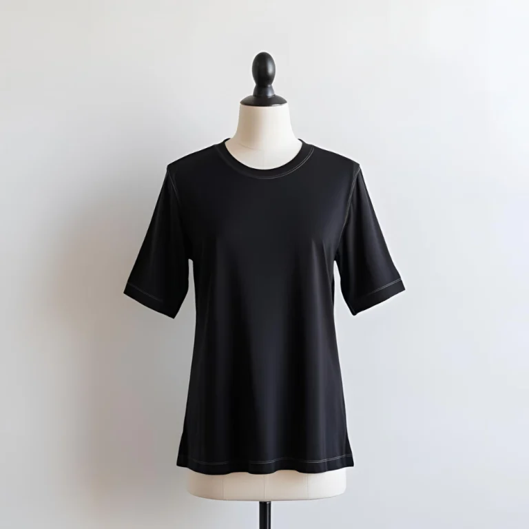 Black t-shirt laid flat, highlighting its pure simplicity for branding from a UK manufacturer.
