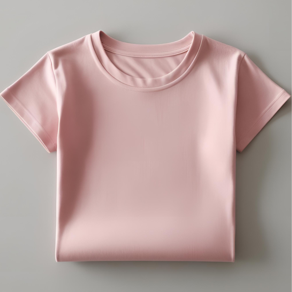 Pure Basics soft pink t-shirt laid flat, emphasizing its simple elegance.