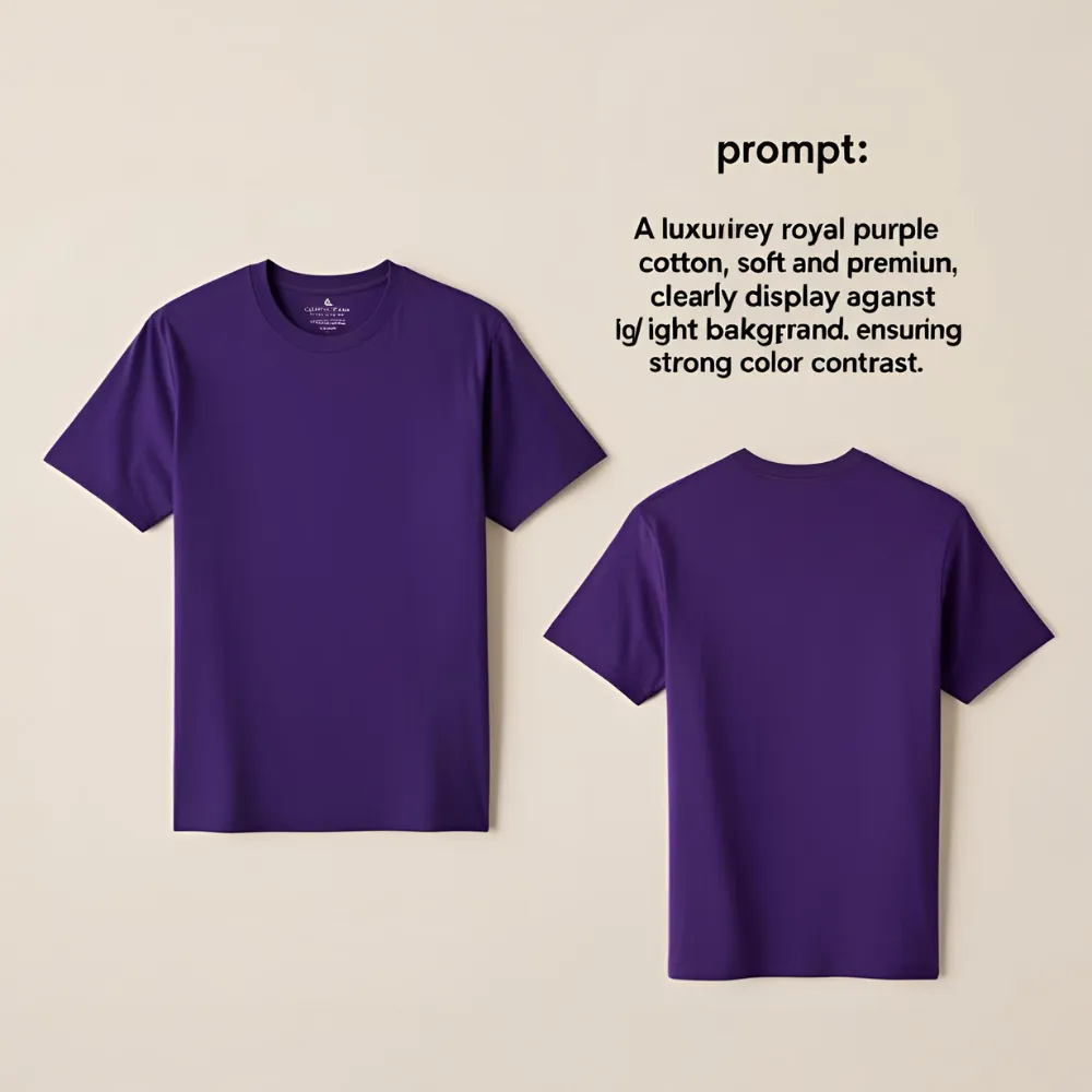 Front and back view of a luxurious royal purple cotton t-shirt.