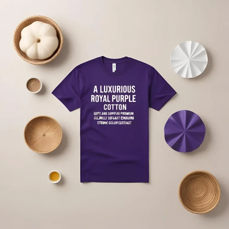 A royal purple cotton t-shirt surrounded by decorative elements, suggesting elegant custom printing options.
