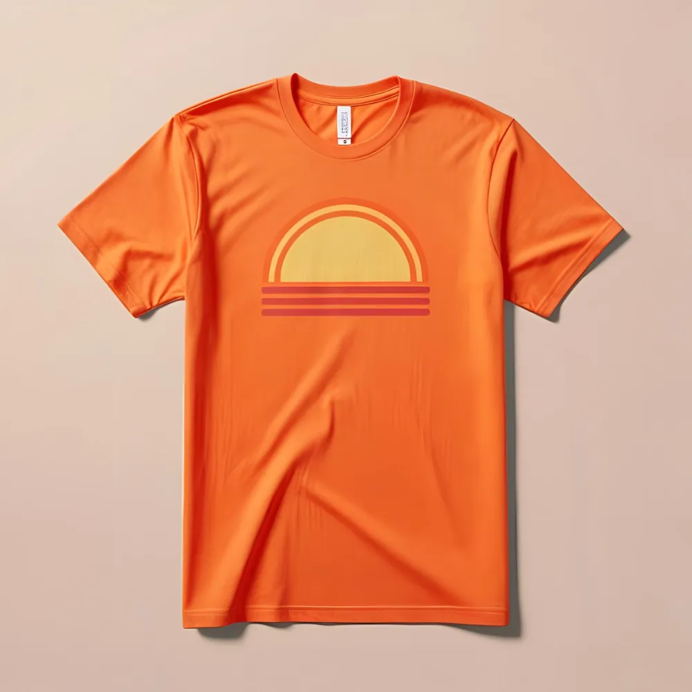 Bright sunset orange cotton t-shirt featuring a white stylized sun graphic with rays and horizontal lines.