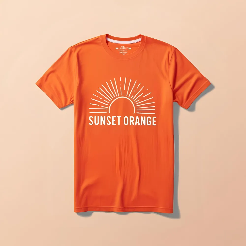 Sunset orange cotton t-shirt with a retro-style graphic of a setting sun in yellow, orange, and red horizontal bands.