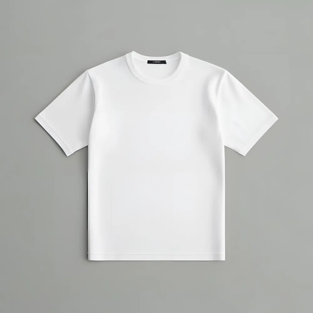 Pure white minimalist t-shirt laid flat on a grey background.