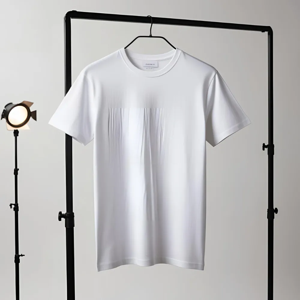 White crew neck t-shirt hanging on a black garment rack in a studio setting.