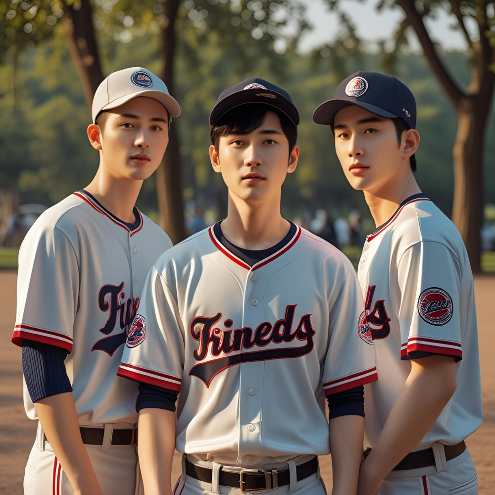 Youth baseball team playing on field wearing customized baseball jerseys with matching team colors and individual player names
