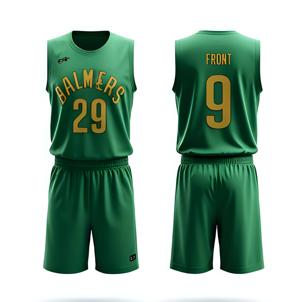 Basketball players in action wearing high-quality basketball uniforms, showing fit, fabric texture, and team branding