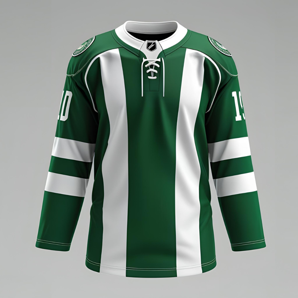 Hockey team skating on ice wearing matching best hockey jerseys, highlighting fit, fabric texture, and team branding