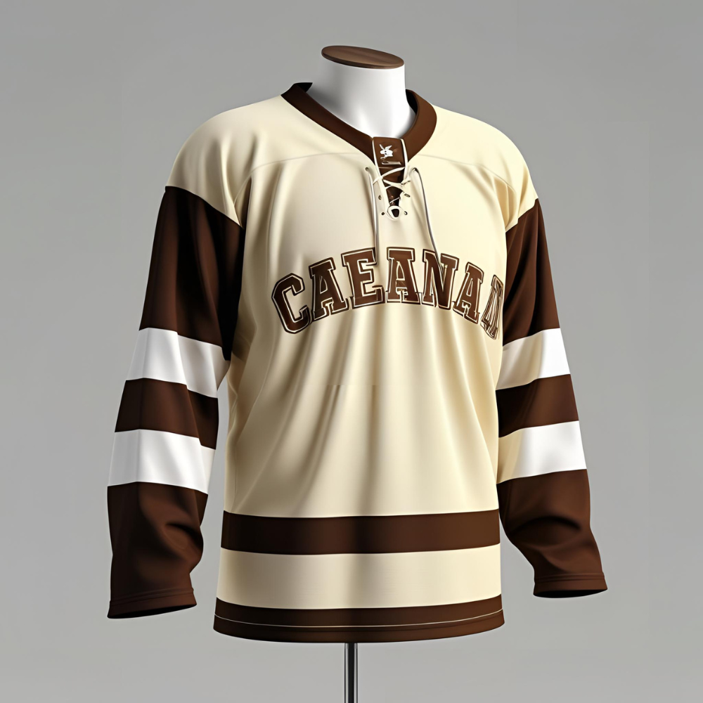Hockey team skating on ice wearing matching hockey uniforms, highlighting fit, fabric texture, and team branding