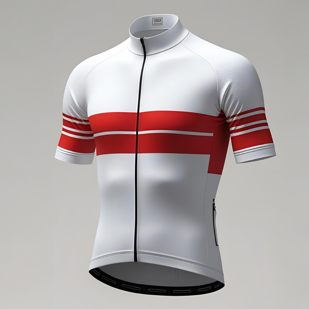 Group of cyclists riding on a scenic road wearing matching cycling jerseys with aerodynamic fit and vibrant colors