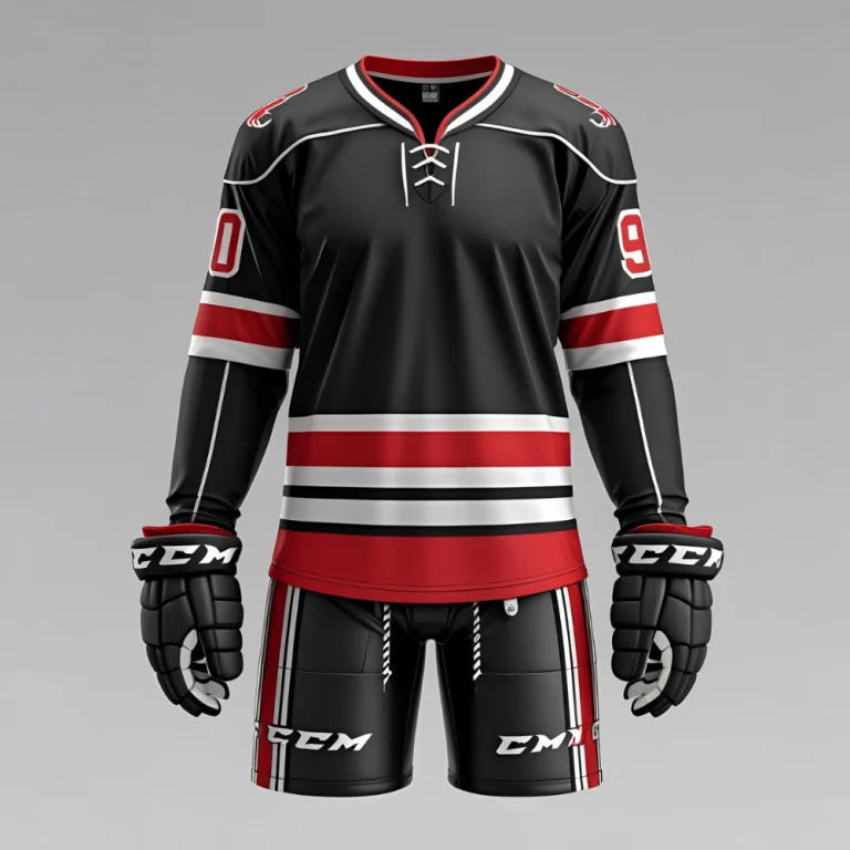 Hockey team skating on ice wearing matching custom hockey jerseys, highlighting fit, fabric texture, and team branding