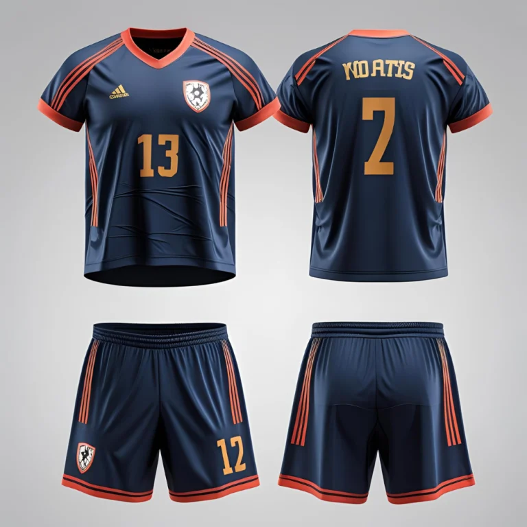 soccer jersey mockup showing personalized team logo, name, and number with contrasting accent color