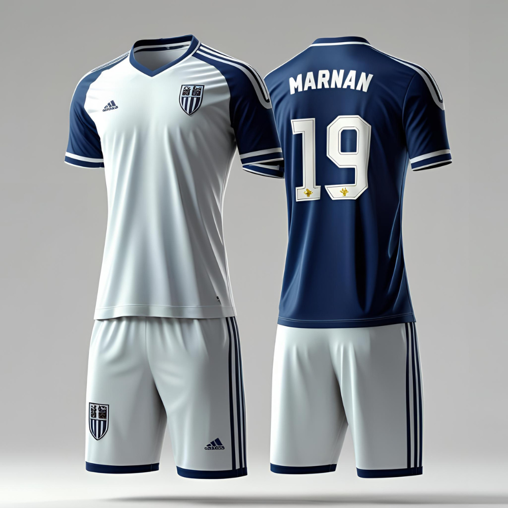 Soccer team playing on field wearing matching custom soccer shirts, highlighting fit, fabric texture, and branding