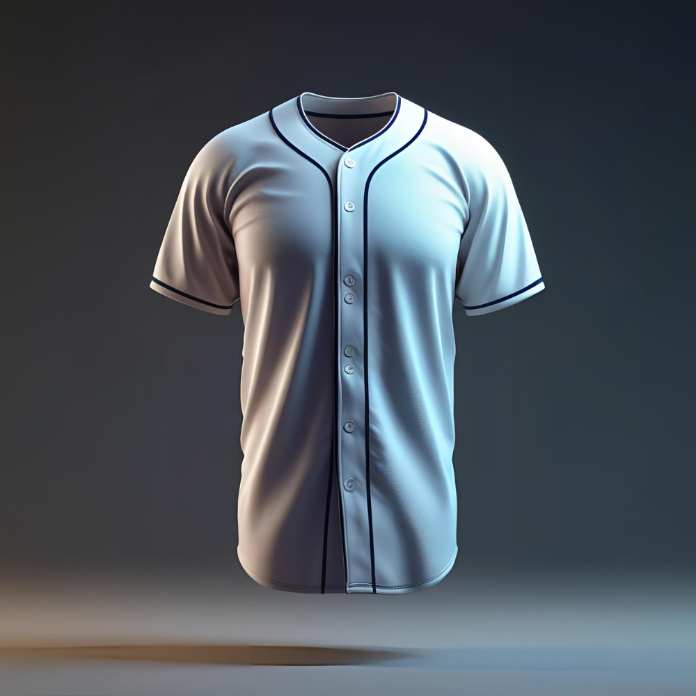 Custom baseball uniforms displayed on mannequins showing full team set with personalized logos, colors, and player names