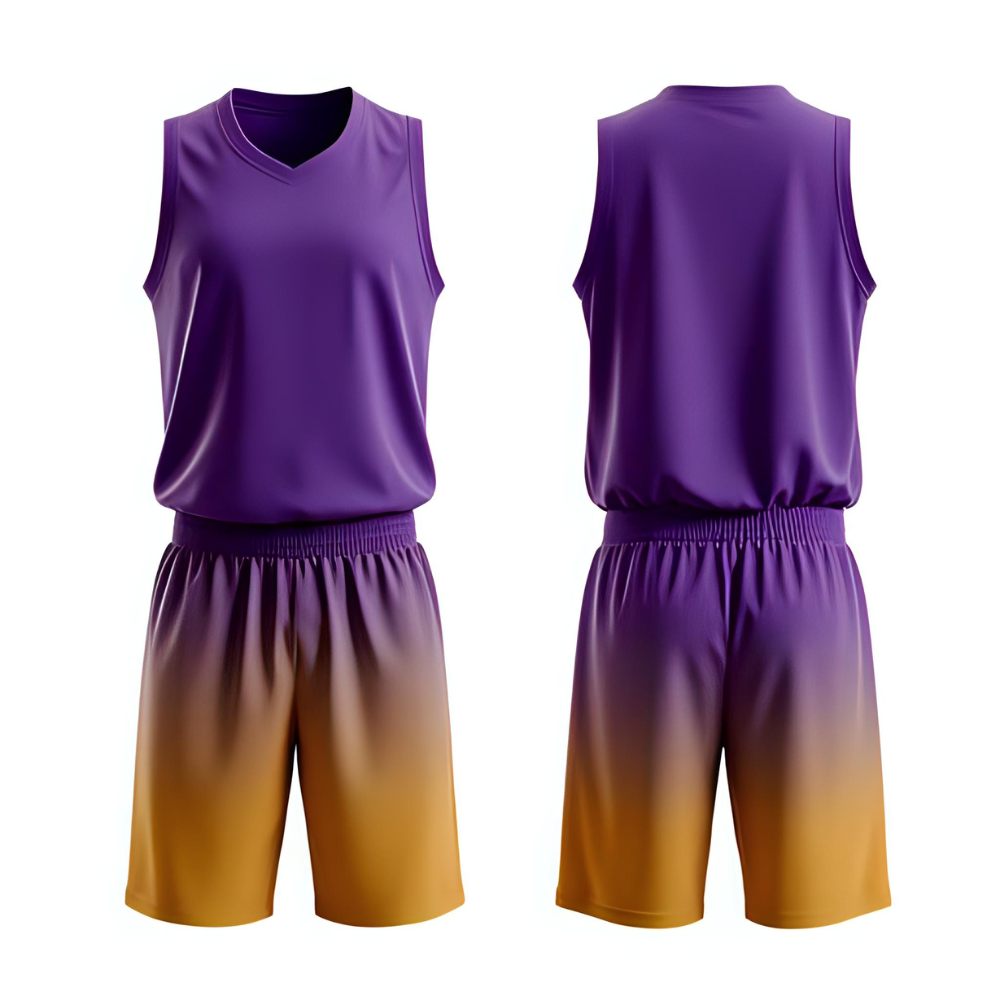 Basketball player dribbling on court wearing a fully customized basketball jersey, highlighting fit and fabric texture