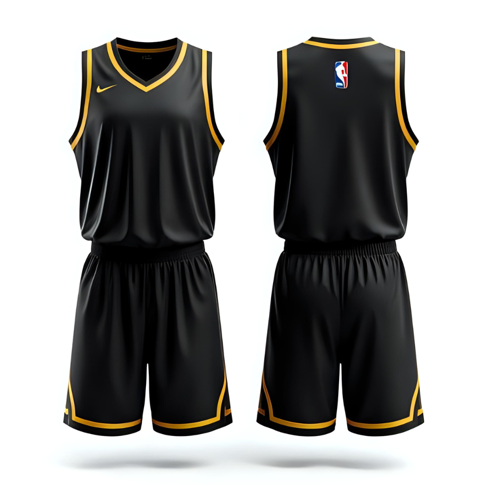 Custom basketball jersey with team logo and personalized name, displayed flat showing vibrant colors and clean printing