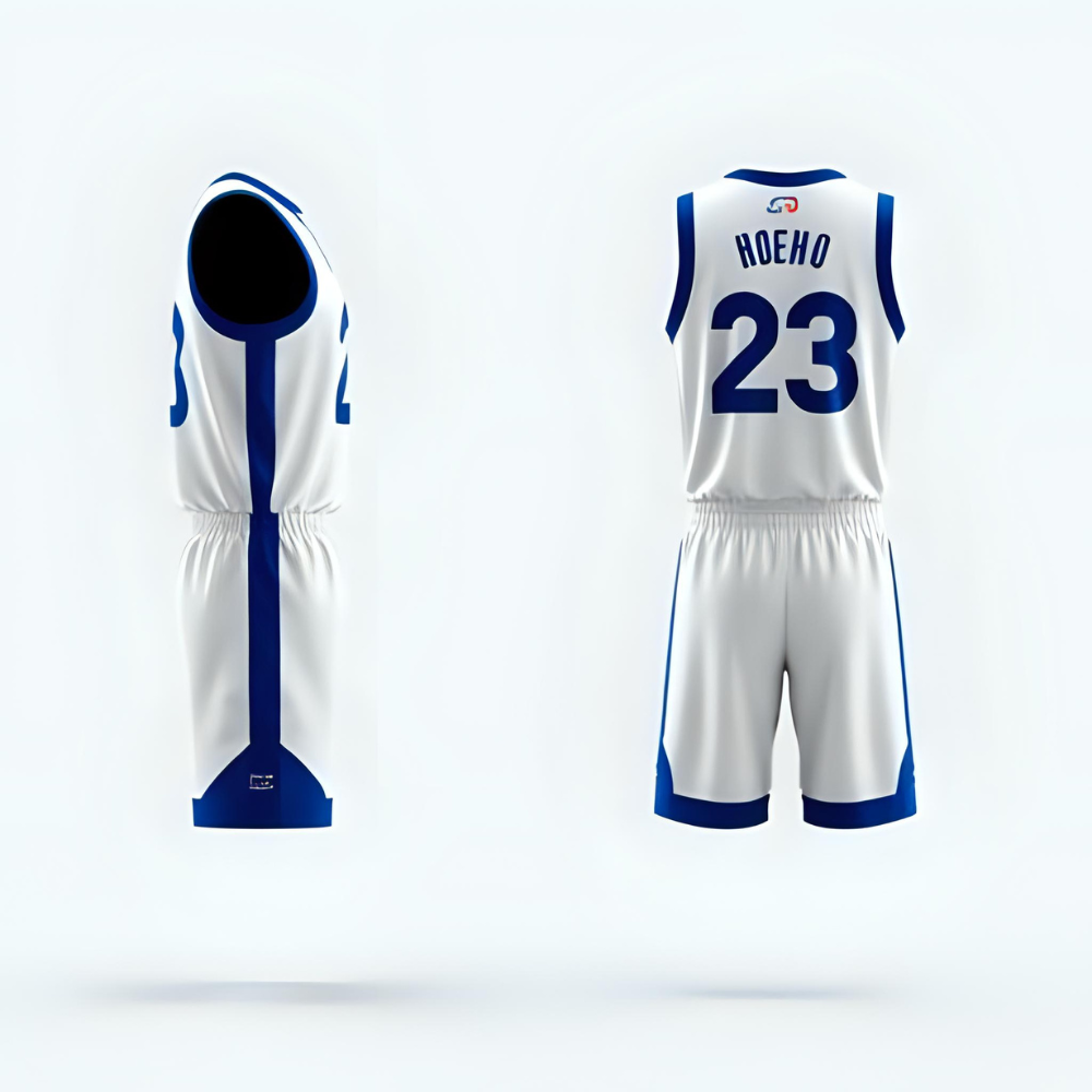 Basketball team playing on court wearing fully customized basketball uniforms, highlighting fit, fabric texture, and branding