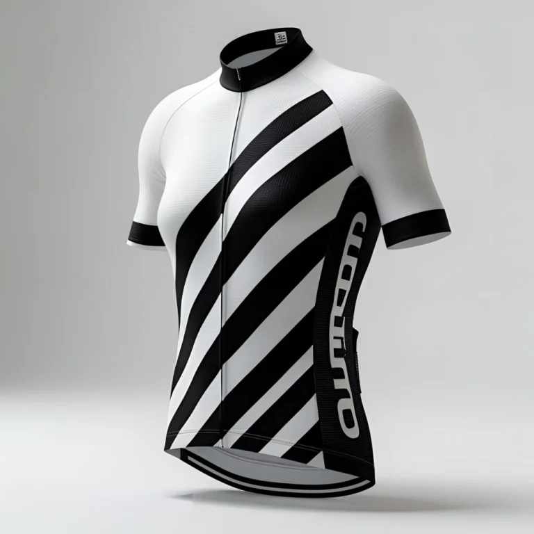 Professional cyclist riding on a mountain road wearing a custom cycling jersey with team branding and aerodynamic fit