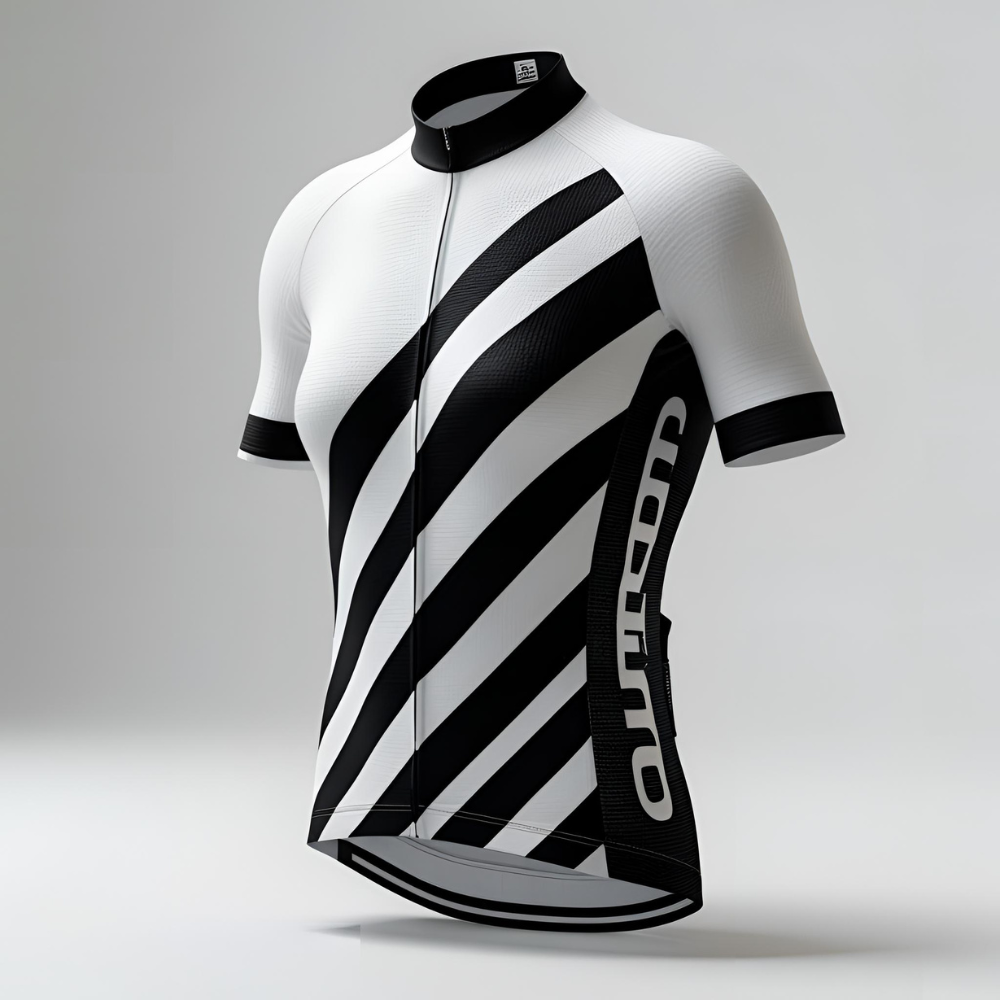 Professional cyclist riding on a mountain road wearing a custom cycling jersey with team branding and aerodynamic fit
