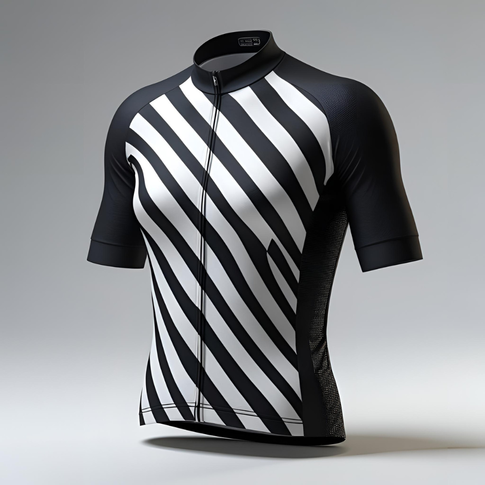 Custom cycling jersey laid flat showing personalized team logo, breathable fabric texture, and three back pockets