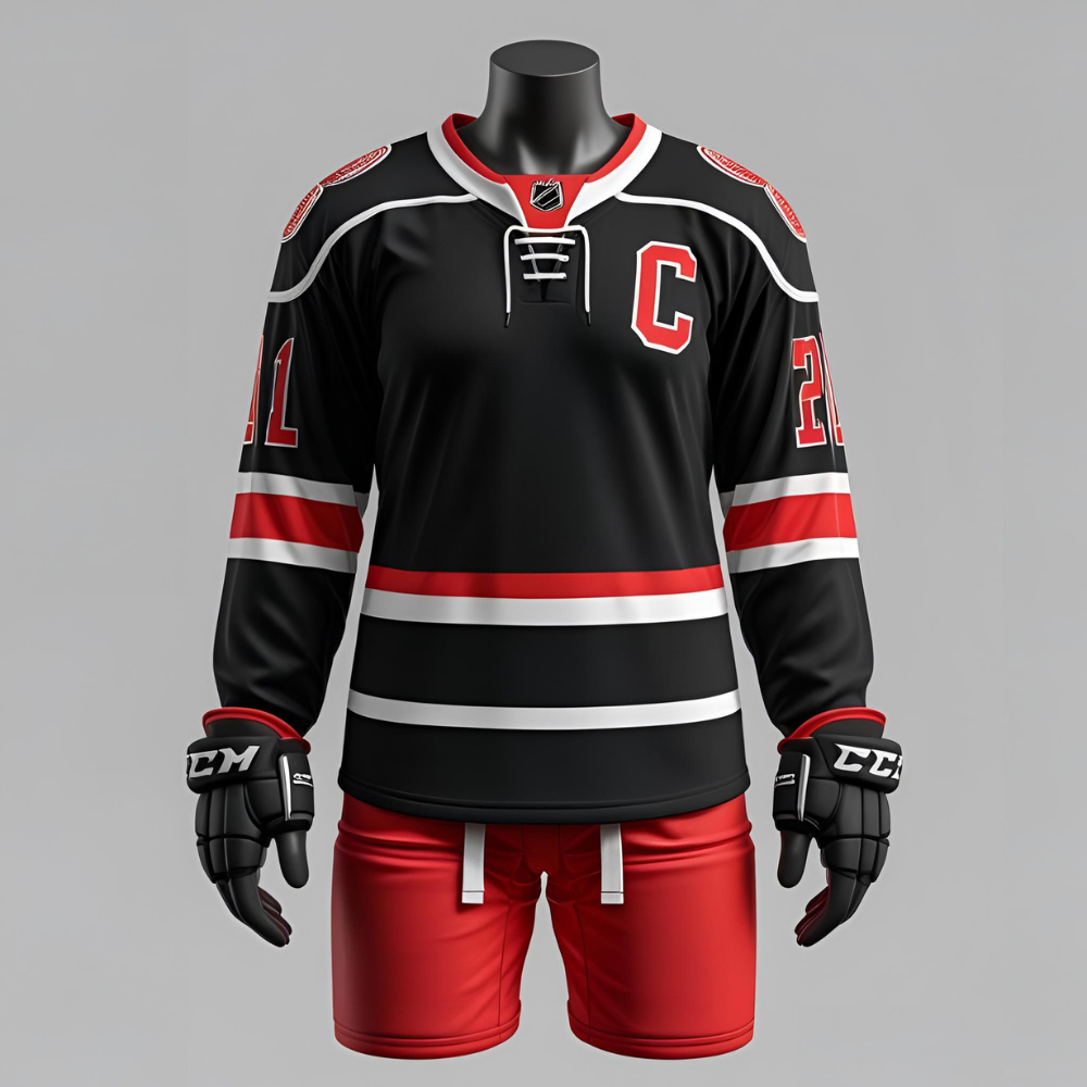Custom hockey jersey mockup showing personalized team logo, name, and number with vibrant color scheme