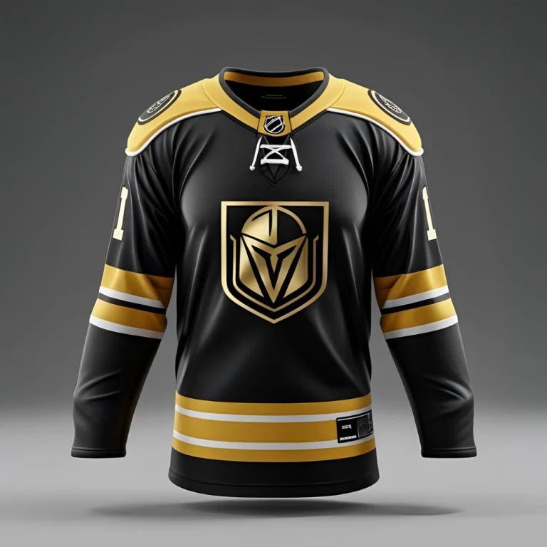 Custom hockey jersey mockup showing personalized team logo, name, and number with vibrant color scheme