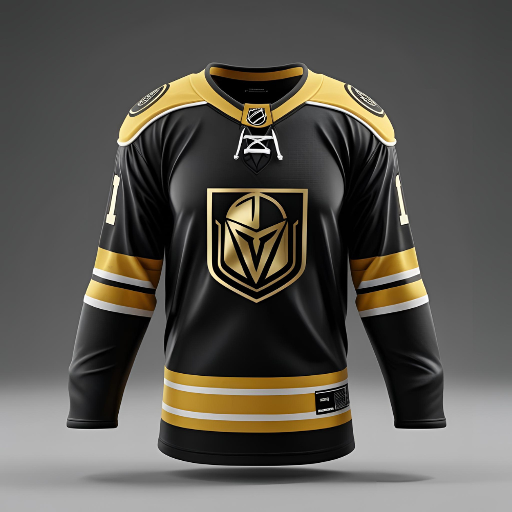 Custom hockey jersey mockup showing personalized team logo, name, and number with vibrant color scheme