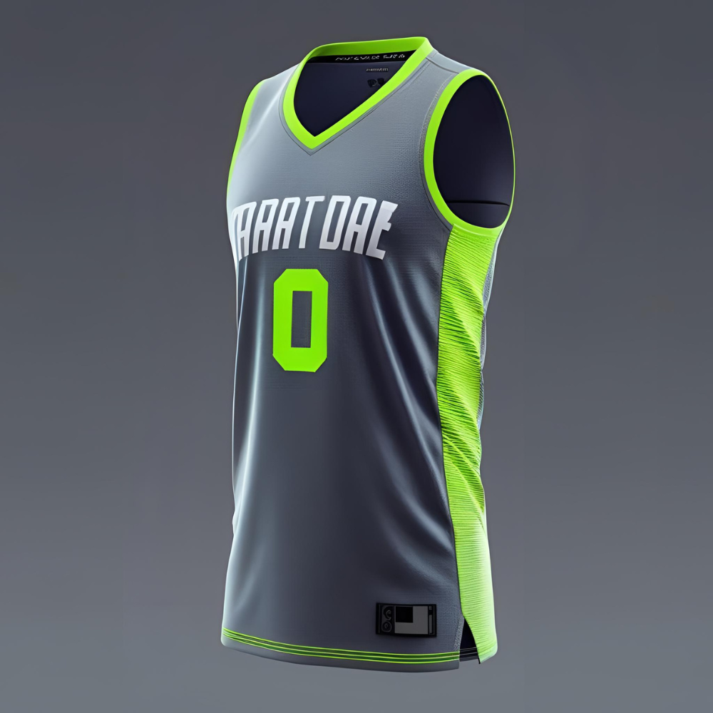 Basketball player dribbling on court wearing a fully custom made basketball jersey, highlighting fit, fabric texture, and branding