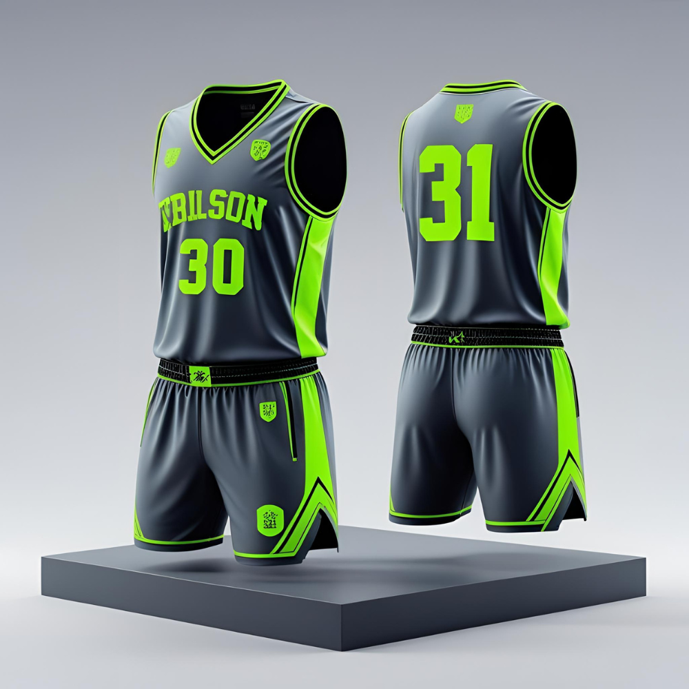 Custom made basketball jersey displayed flat showing personalized logo, team name, and vibrant color scheme