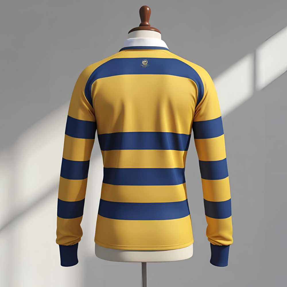 Rugby team playing on field wearing matching rugby jerseys, highlighting fit, fabric texture, and team branding