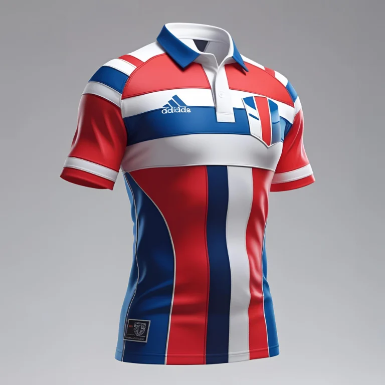 Custom rugby jersey mockup showing personalized team logo, name, and number with vibrant color scheme