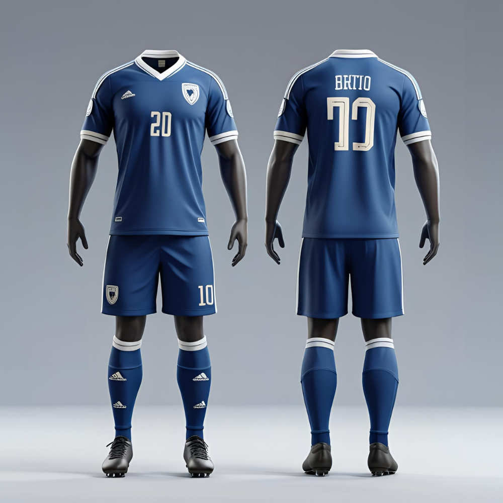 Soccer team playing on field wearing matching custom soccer jerseys, highlighting fit, fabric texture, and branding