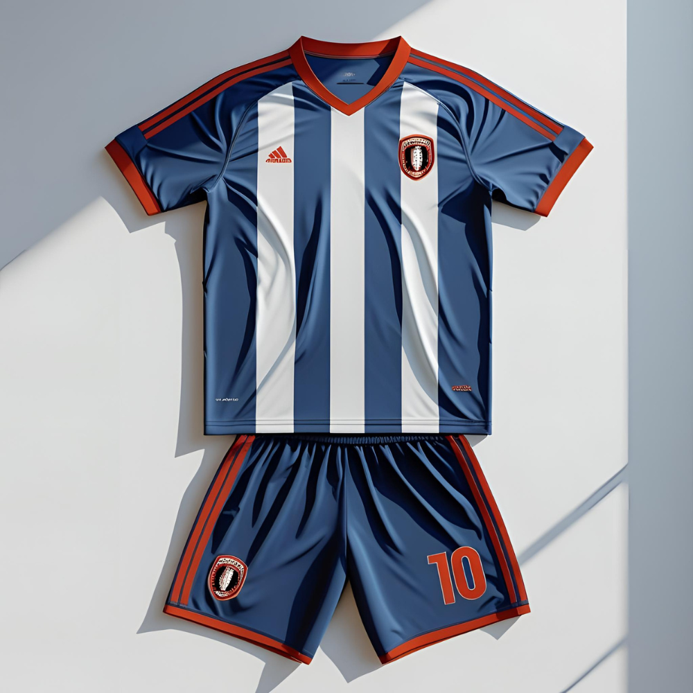 Soccer team playing on field wearing matching custom soccer jerseys, highlighting fit, fabric texture, and branding