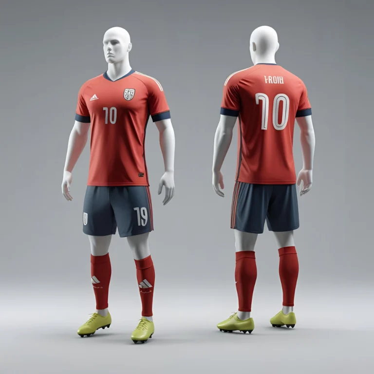 Custom soccer shirt mockup showing personalized team logo, name, and number with vibrant color scheme