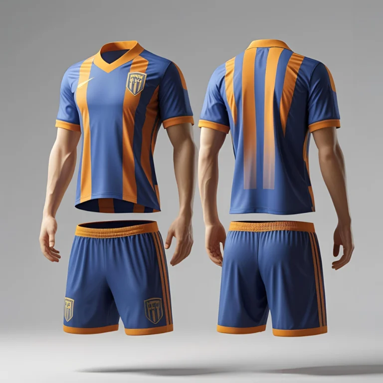 Soccer team playing on field wearing fully customized soccer uniforms, highlighting fit, fabric texture, and team branding