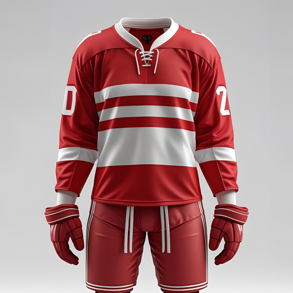 Hockey team skating on ice wearing matching USA hockey jerseys with stars and stripes, highlighting fit, fabric texture, and national pride