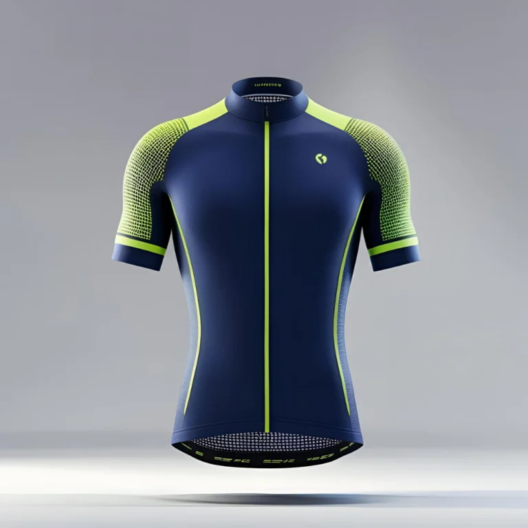 Professional cyclist riding on the road wearing a high-performance cycling jersey with aerodynamic fit and UV protection