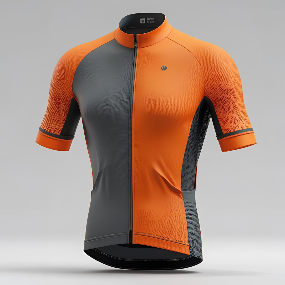 Custom men's cycling jersey laid flat showing personalized logo, breathable fabric texture, and three back pockets