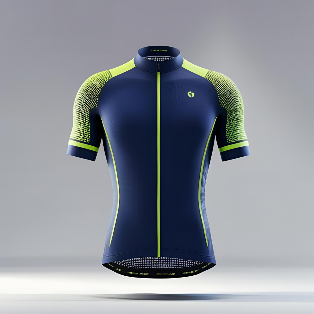 Professional cyclist riding on the road wearing a high-performance cycling jersey with aerodynamic fit and UV protection