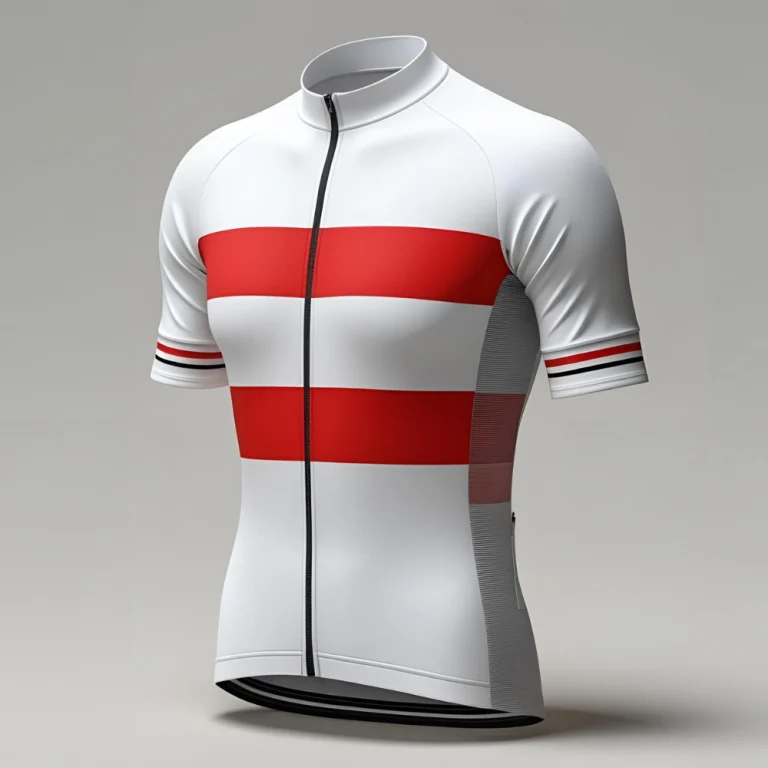 Set of custom cycling jerseys laid flat showing personalized logos, breathable fabric texture, and three back pockets