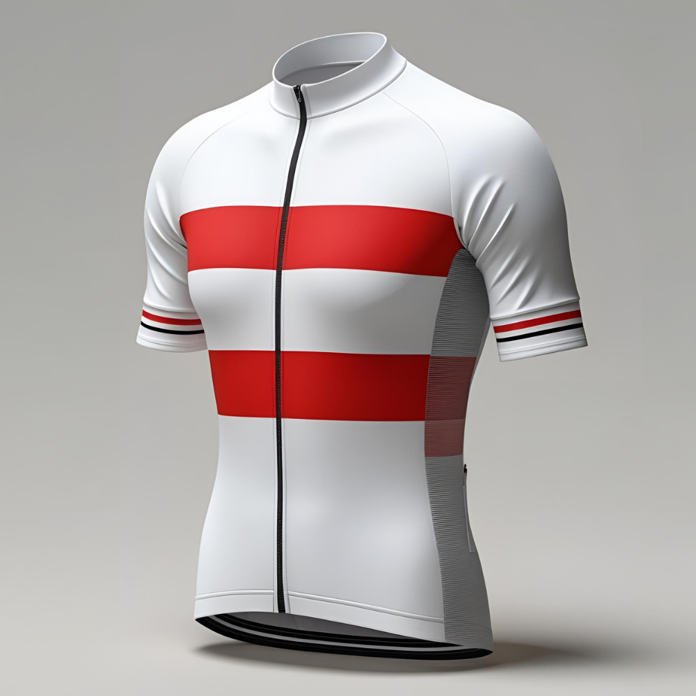 Set of custom cycling jerseys laid flat showing personalized logos, breathable fabric texture, and three back pockets