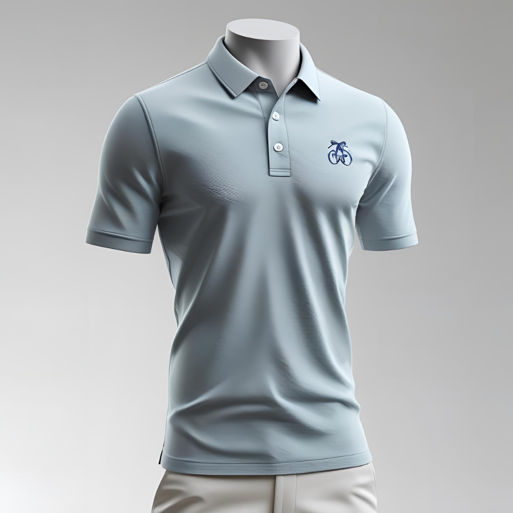 High-quality best golf shirt hanging on a wooden hanger showing brand logo, breathable fabric texture, and clean stitching