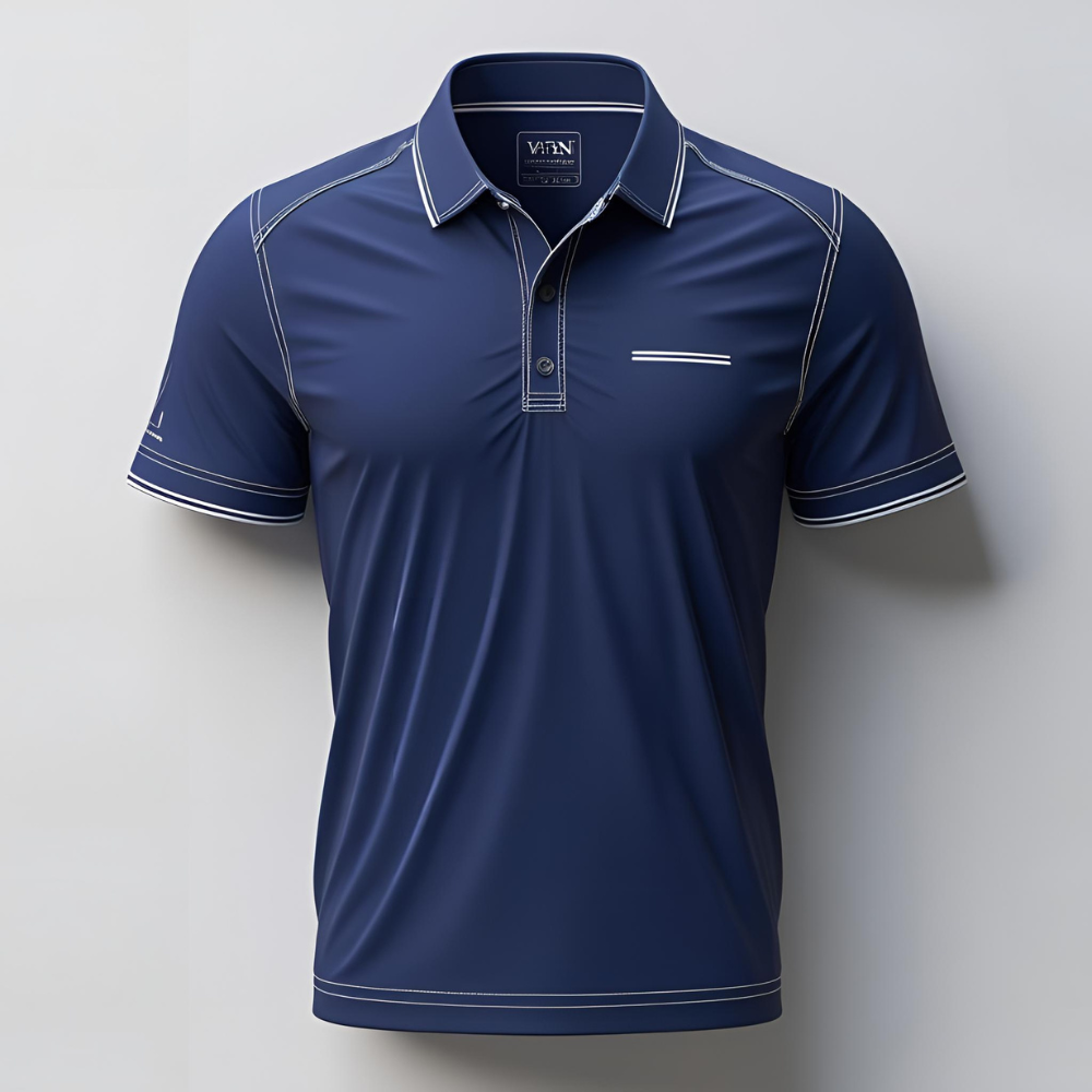 Professional male golfer swinging on the fairway wearing a high-performance men's golf outfit with UV protection and athletic fit