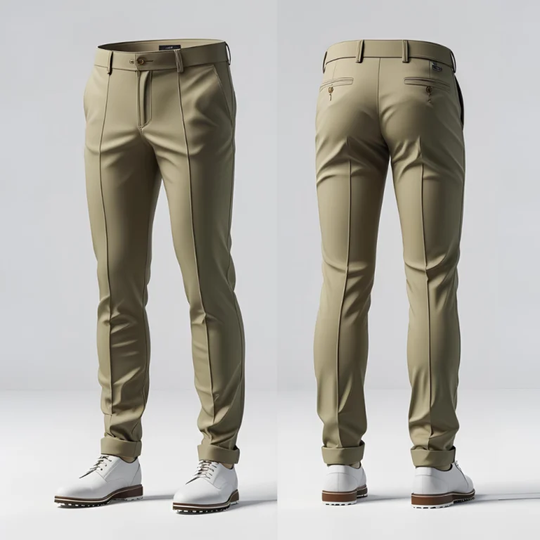Stylish men's golf outfit set laid flat showing polo shirt, shorts, and cap with custom logo and coordinated color scheme