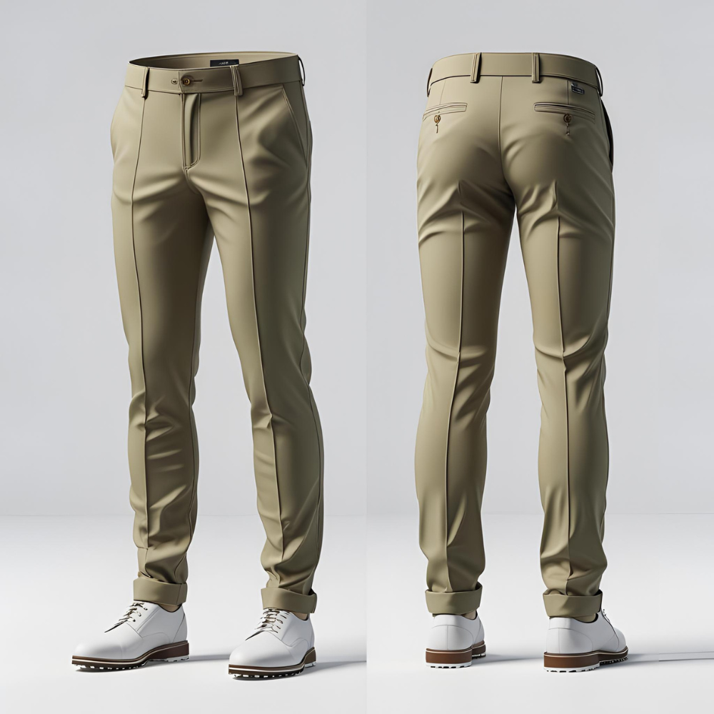 Stylish men's golf outfit set laid flat showing polo shirt, shorts, and cap with custom logo and coordinated color scheme