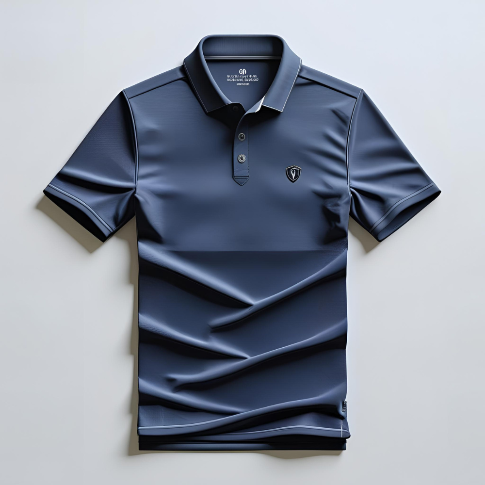 Custom golf t-shirt laid flat showing personalized logo, breathable fabric texture, and clean stitching