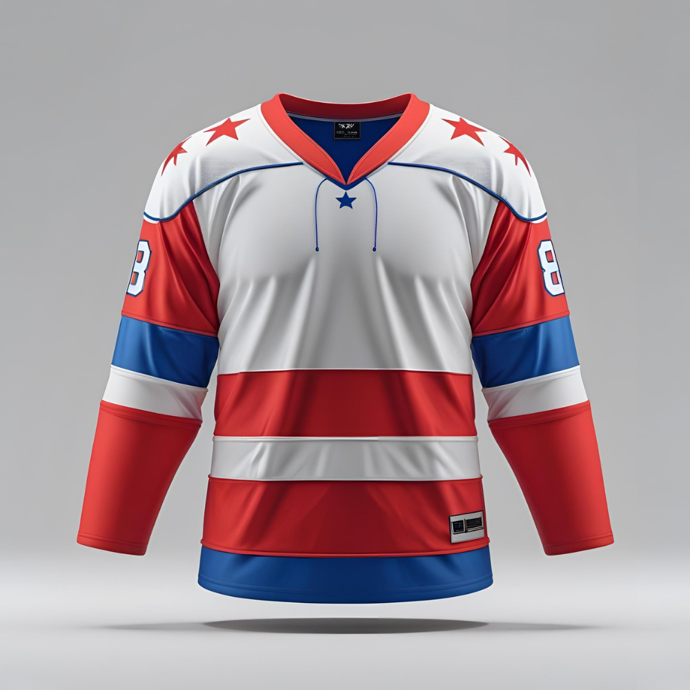 Hockey team skating on ice wearing matching hockey jerseys, highlighting fit, fabric texture, and team branding