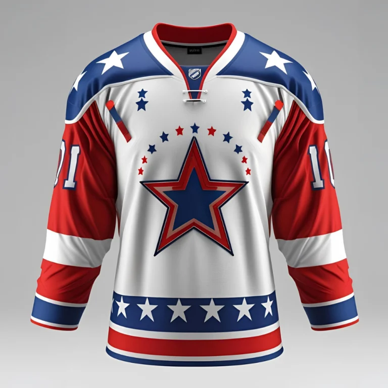 Custom hockey jersey mockup showing personalized team logo, name, and number with vibrant color scheme