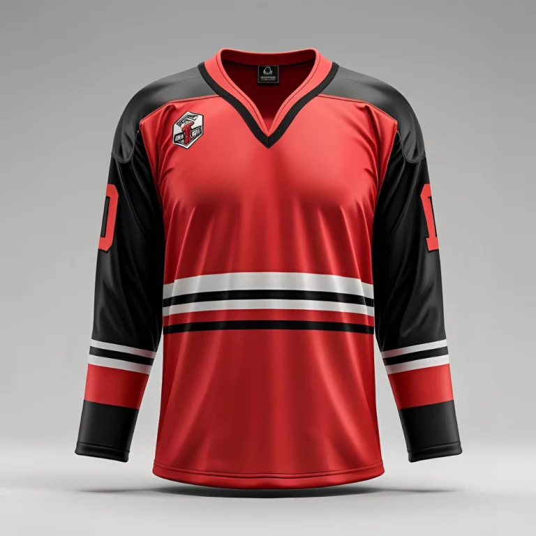 Hockey team skating on ice wearing matching custom hockey jerseys, highlighting fit, fabric texture, and team branding